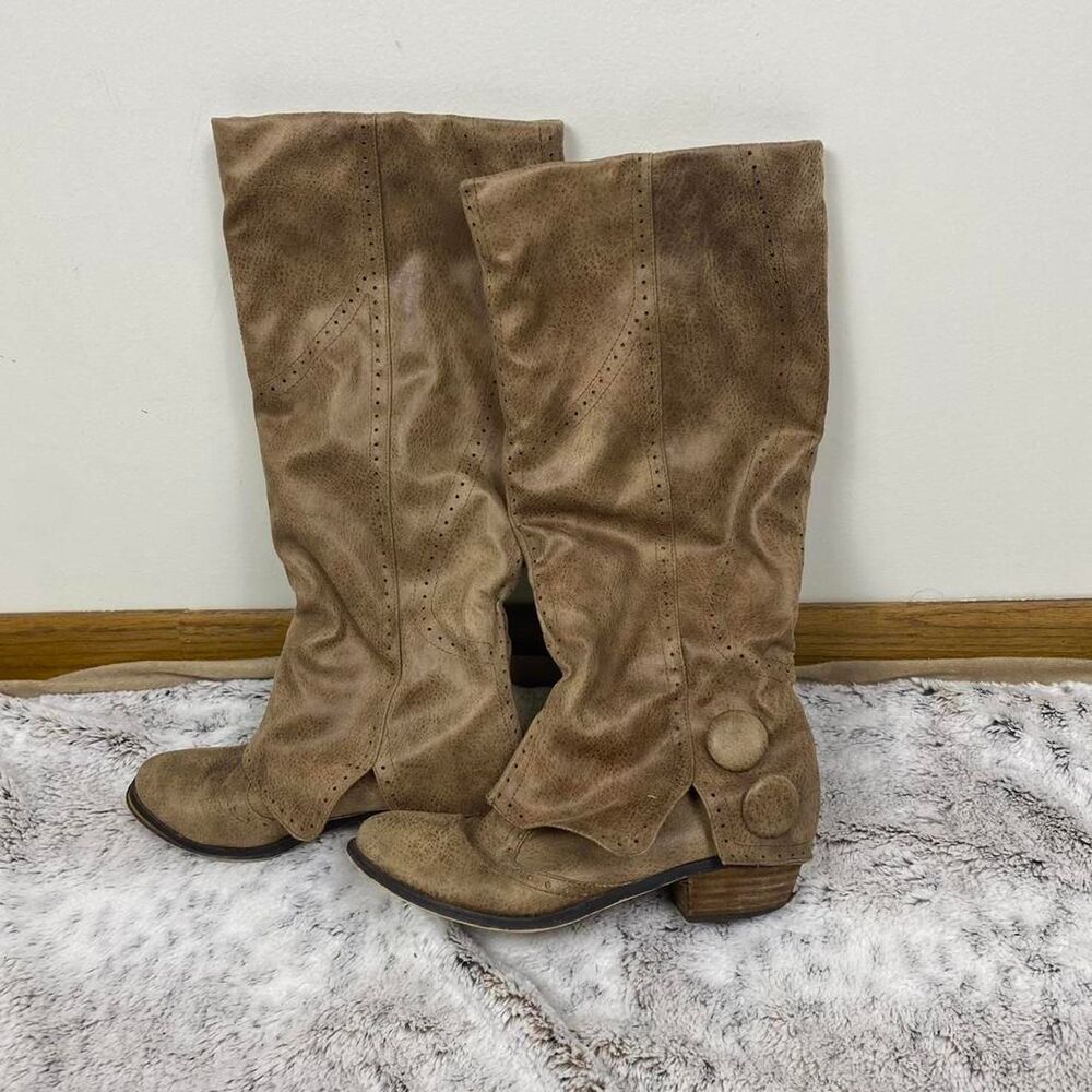 Not Rated Tan slouchy knee-high boots faux leather kitten heel button accents